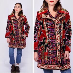 Vintage 60s/70s Plush Geometric Double Breasted Tapestry Rug Coat Jacket | S